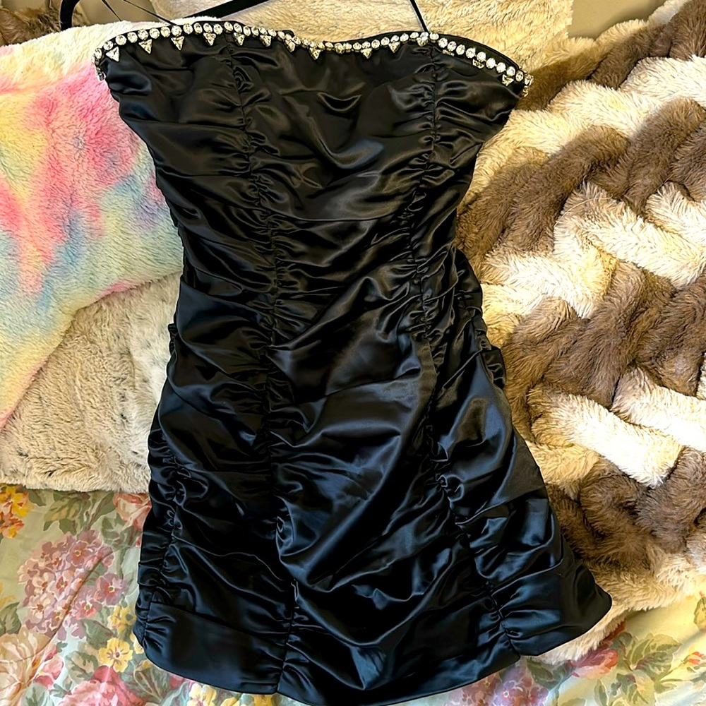 AREA brand new crystal black silky rouched mini dress size 10 us
